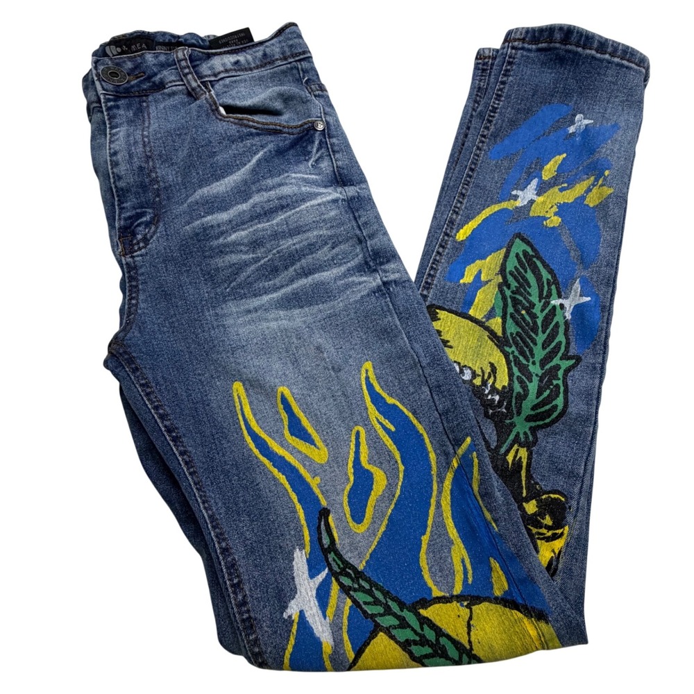 Waimea Skinny Fit Jeans Blue Graphic Skull Flame Denim Pants Size 20